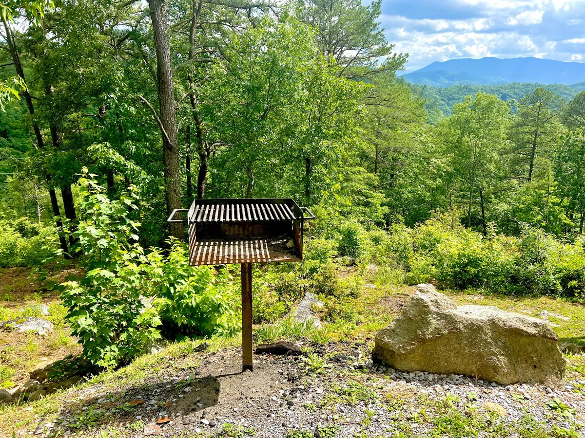 A sturdy outdoor grill is positioned with a backdrop of lush greenery and expansive mountain views, ready for barbecues and outdoor feasts. The setup encourages social gatherings and enjoying meals in nature.